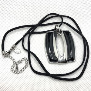 Lia Sophia Enigma Necklace Silver Tone and Black Inlaid Pendant Black Suede Cord